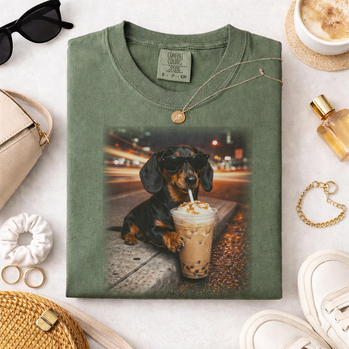 Dachshund Drinking Iced Coffee Tee