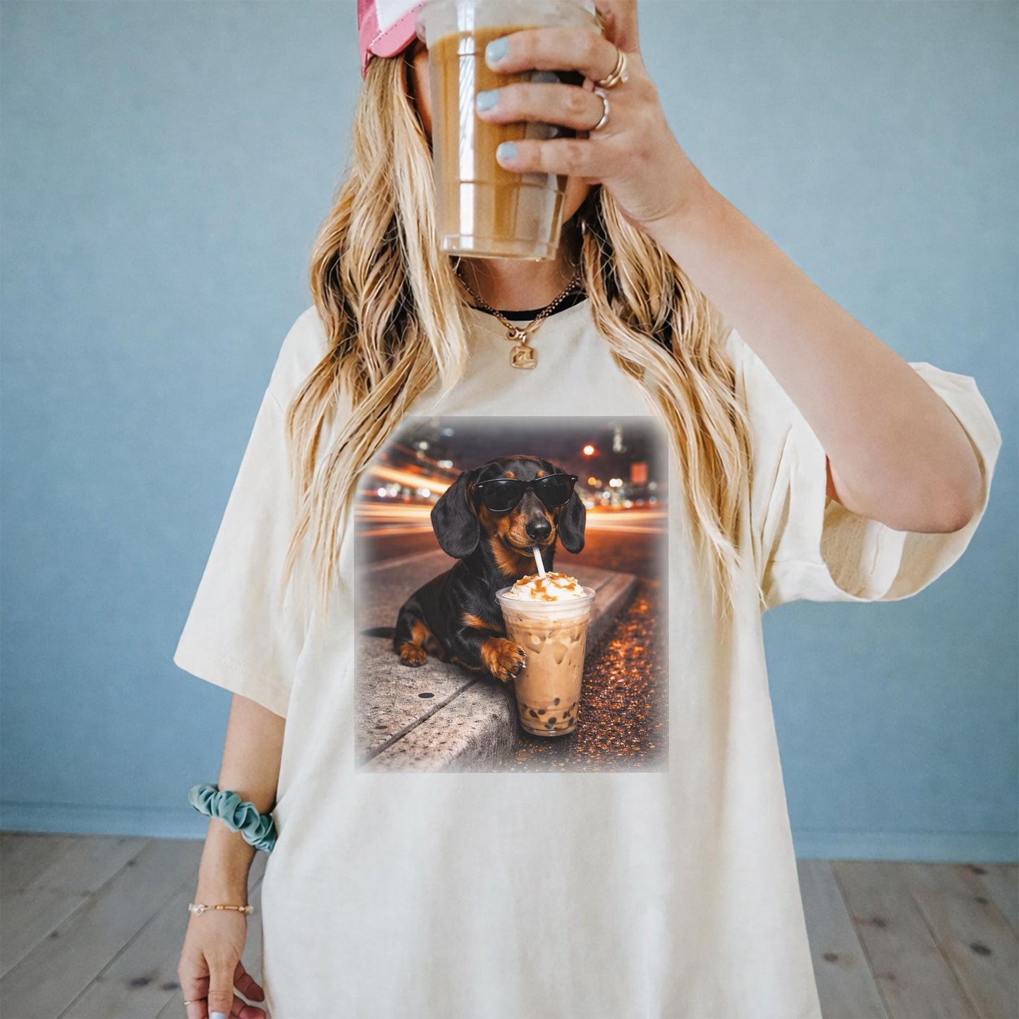 Dachshund Drinking Iced Coffee Tee