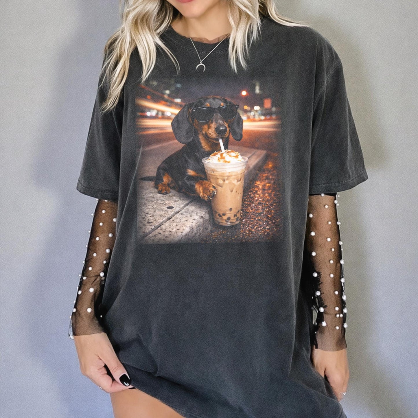 Dachshund Drinking Iced Coffee Tee